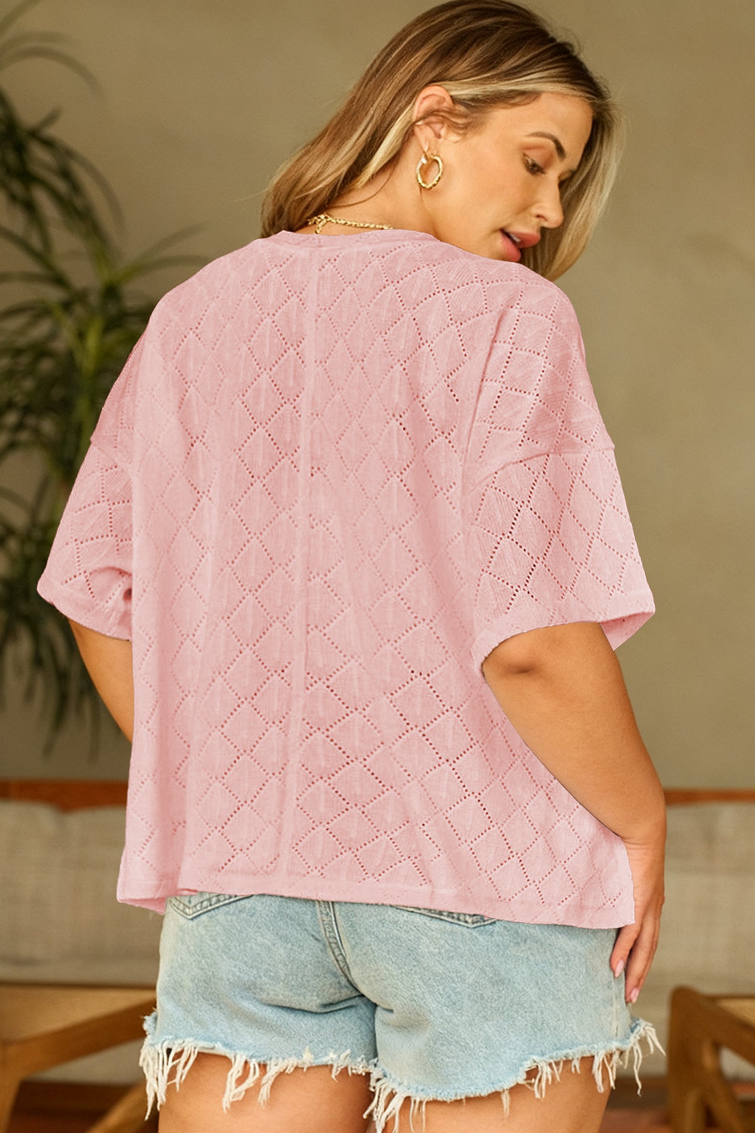 Light Pink Pointelle Rhombus Knit Plus Size V Neck Loose Top