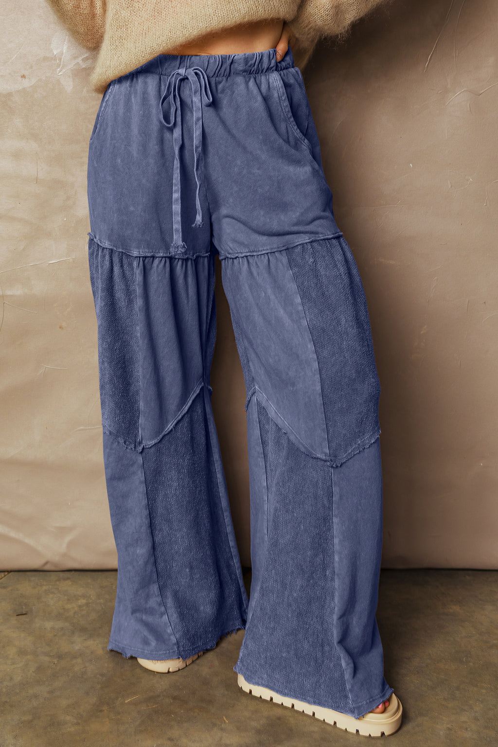 Ashleigh Blue Careys Mineral Wash Tiered Wide Leg Patchwork Drawstring Pants
