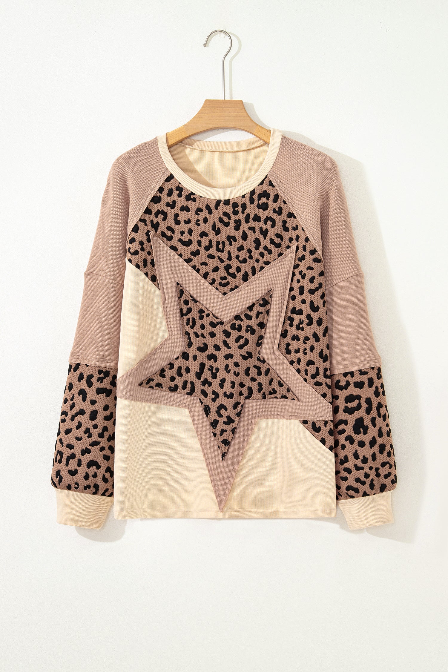 Light French Beige Leopard Star Color Block Patchwork Textured Baggy Sweatshirt