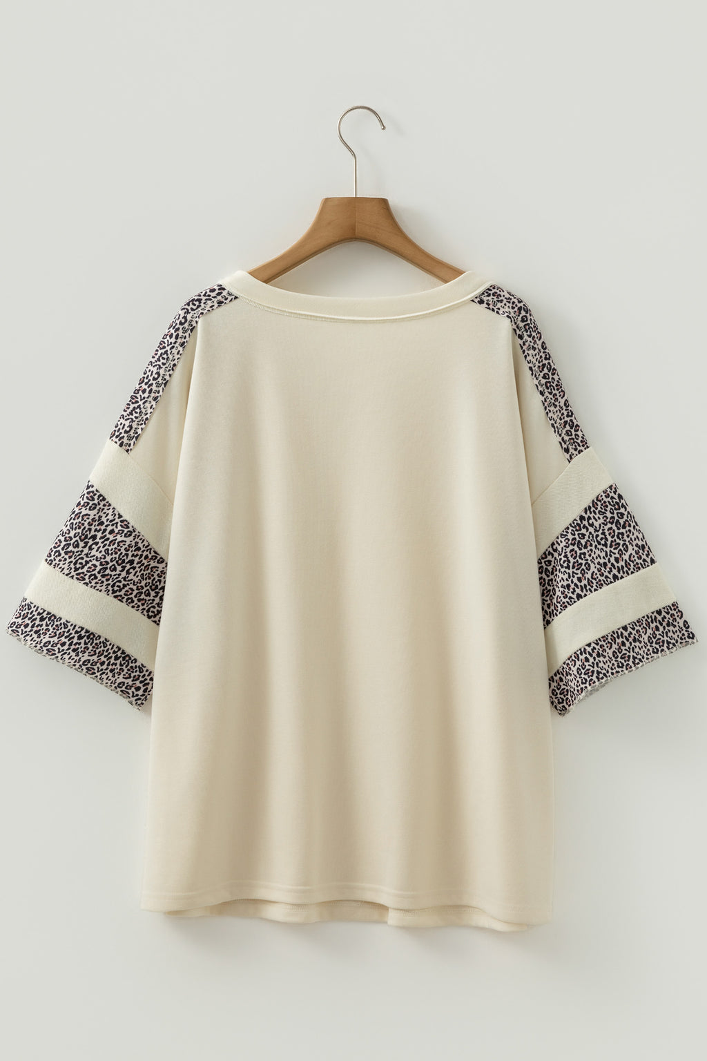 Apricot V Neck Exposed Seam Leopard Color Block Patchwork Half Sleeve Top