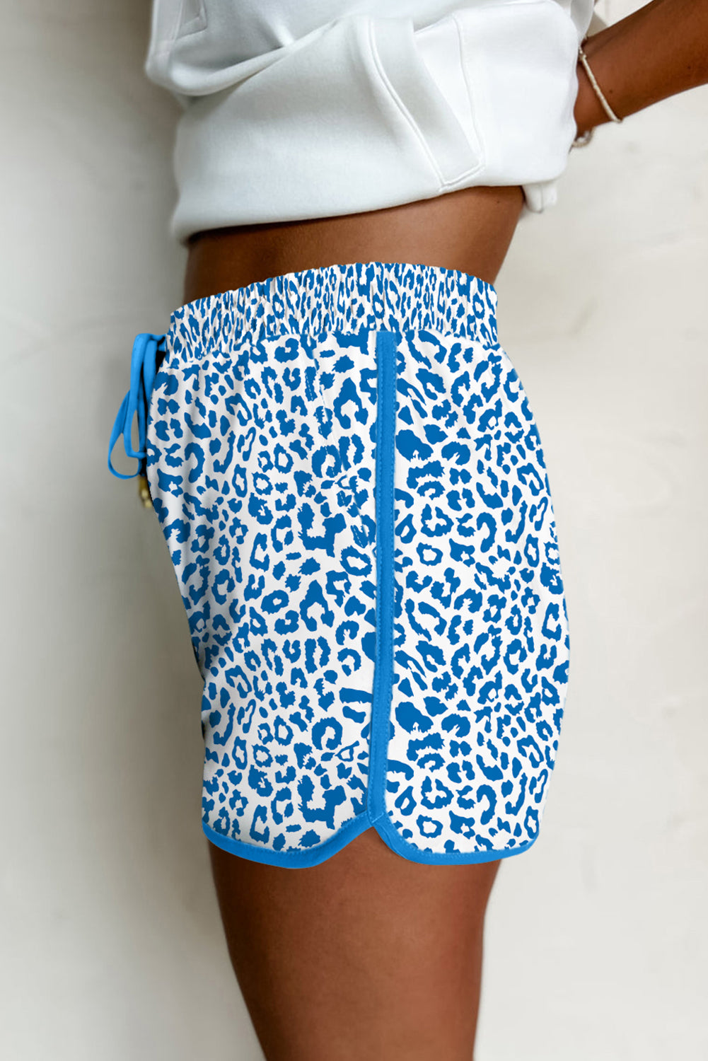 Blue Leopard Elastic Waistband Lace up Contrast Trim Casual Shorts