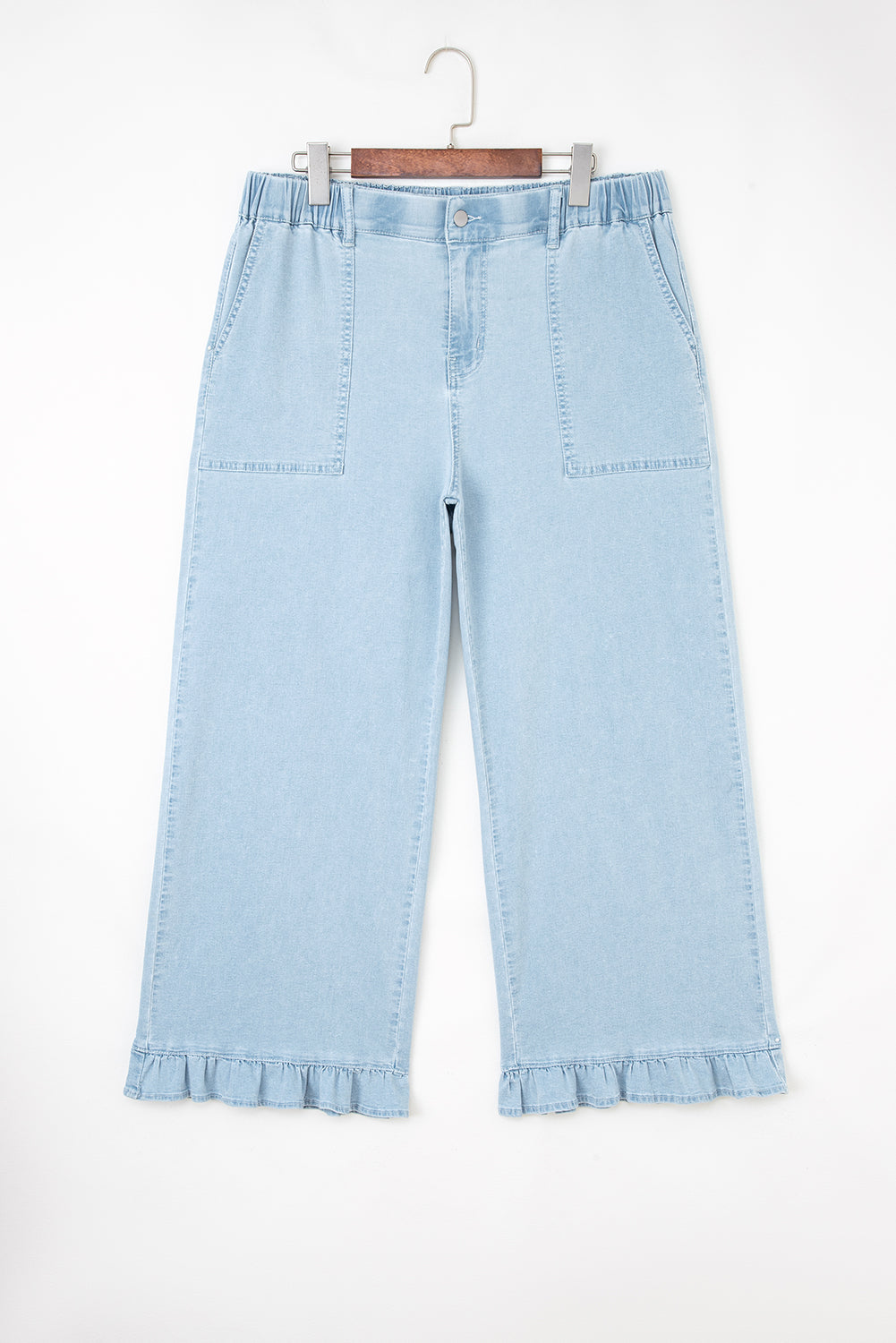 Beau Blue Plus Size Elastic Waist Ruffled Wide Leg Denim Pants